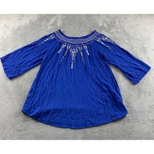 Terre Bleue Womens Royal Blue Embroidered Peasant Blouse Boho Smocked Top Small
